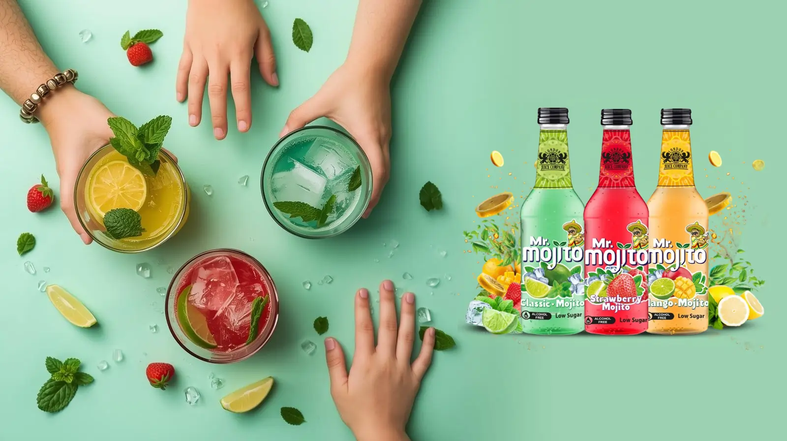Low sugar mojito and basil seed drinks in pineapple, watermelon, mint, and lemon flavors – Mr. Mojito & Mr. Basil.